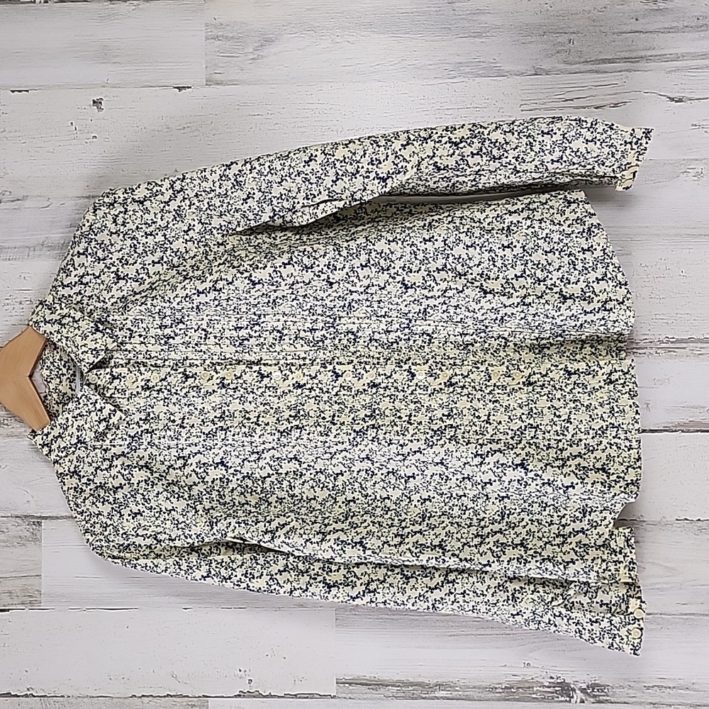Liz Claiborne yellow blue mini floral tuxedo pleat button up blouse Size Large